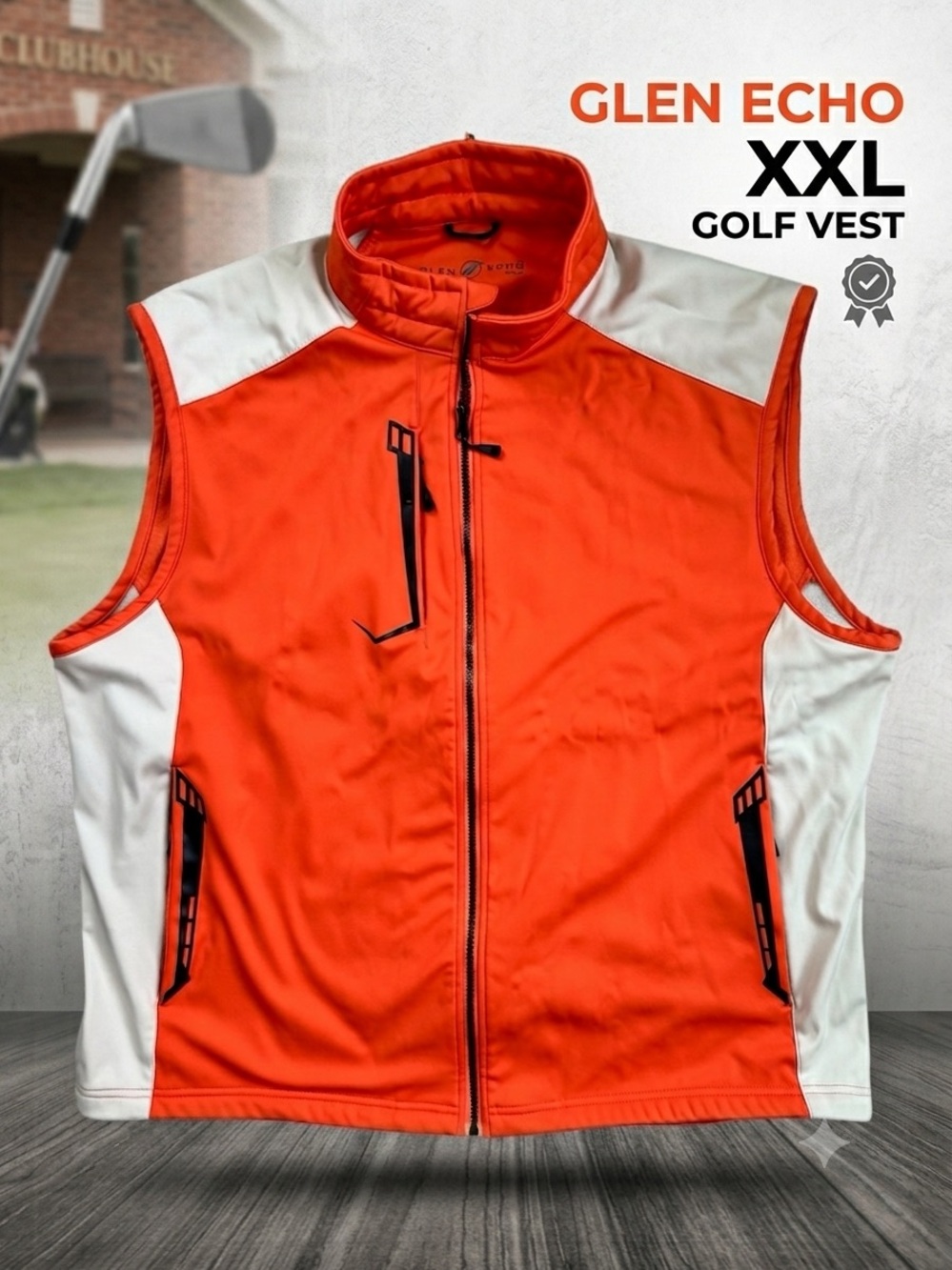 GLEN ECHO GOLF Vibrant Orange & Off-White Water-Resistant Full-Zip Vest Men XXL